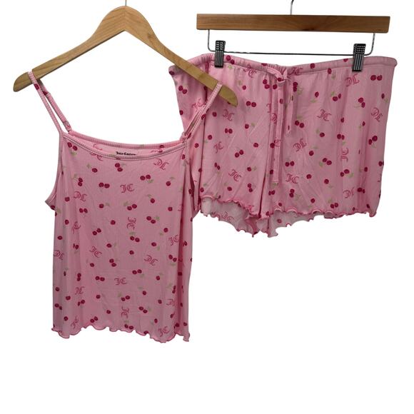 Juicy Couture Pajama Set Womens XL Tank + Shorts Pink Cherry Print Sleepwear - Picture 1 of 9